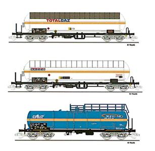  3-dílný set cisternových vozů, 2x cisterna pro přepravu plynu "TOTALGAZ","NACCO", 1x cisterna "Wasc